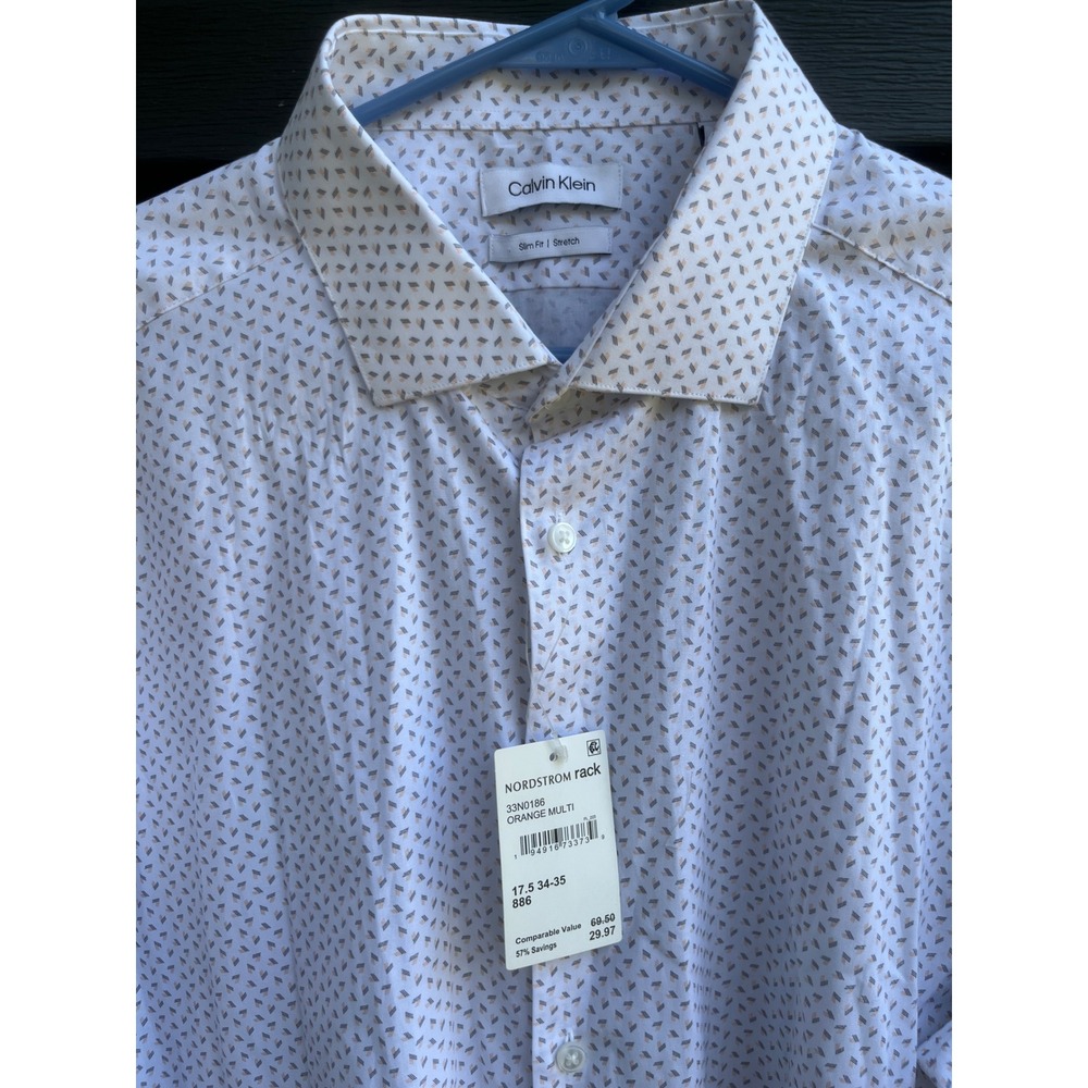 Calvin Klein Slim Fit Stretch Dress Shirt Orange Multi 33N0186 17.5 34-35 NEW